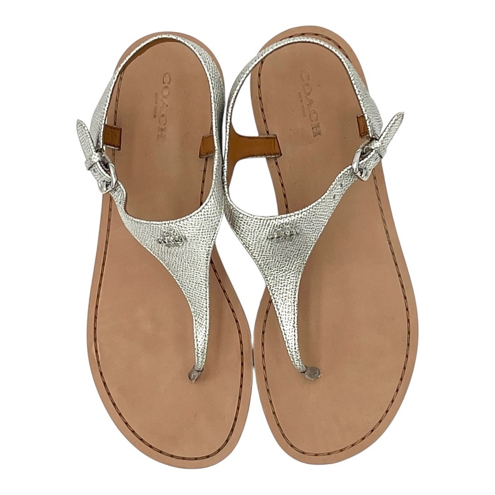 Coach Cheyanne Silver Leather Thong Sandals Womens Size 7 T Strap Slingback Flat - Picture 8 of 9